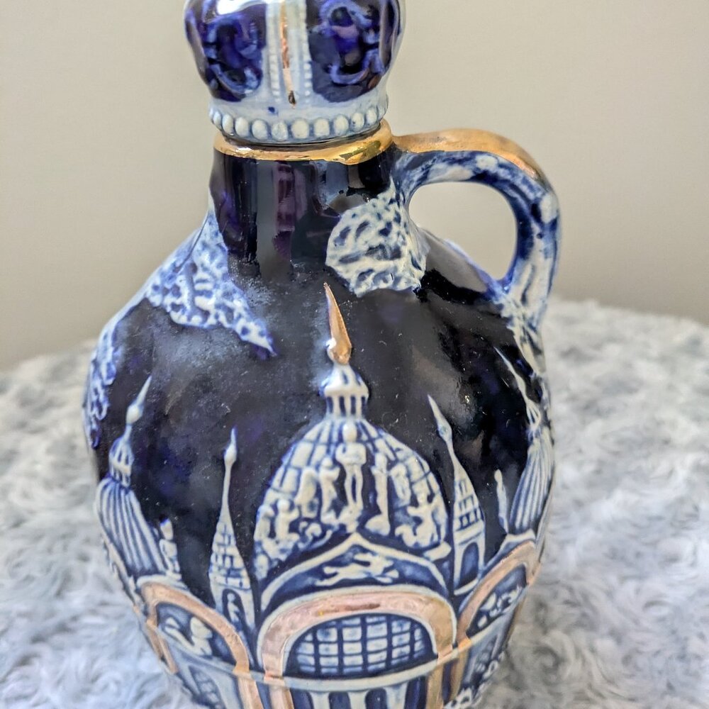 Mid Century Stoneware Pottery Musical Glazed Cobalt and 24k Gold Jug Nonworking
